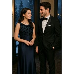 Vintage 9/10 Whimsigoth Y2K 90s Dark Blue Floral Velvet Satin Fairycore Dress